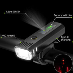 Bike headlight, bike flashlight, LED mountain bike torch, bike taillight, light sensor, cycling headlamp, bike accessories